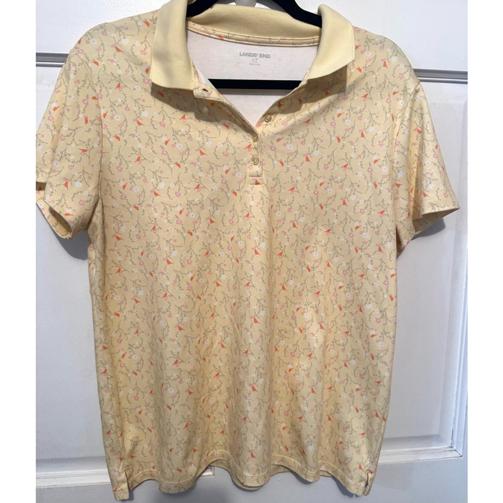 Lands' End Yellow Floral Polo Top
